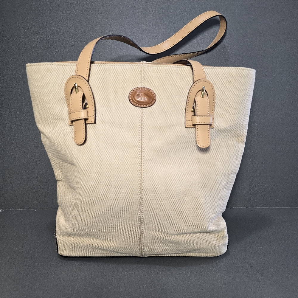 Vintage Cristian Made In Italy Canvas Handbag Tan Leather Handle  11" X 11" ,